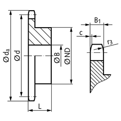 Kettenrad KRS mit einseitiger Nabe 04 Tlg. 6mm 31 Zähne Mat. Stahl, Technische Zeichnung
